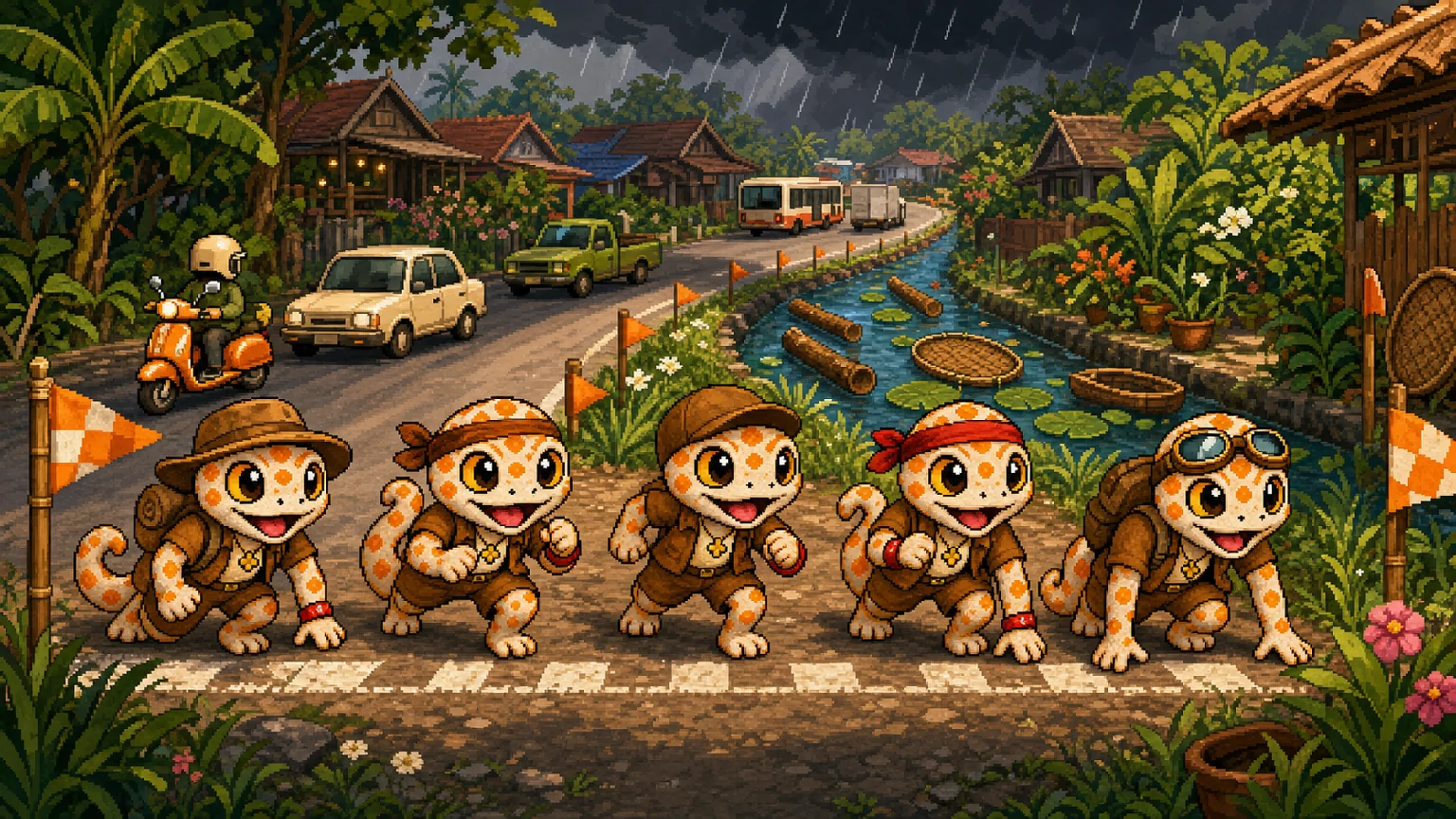 Five Tokay scouts at a backyard starting line as monsoon rain approaches the road, canal, and garden route